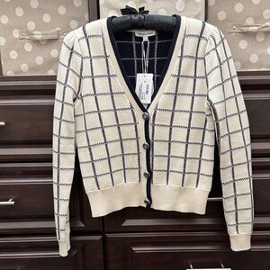 Veronica Beard Cream and Navy Grid Cardigan